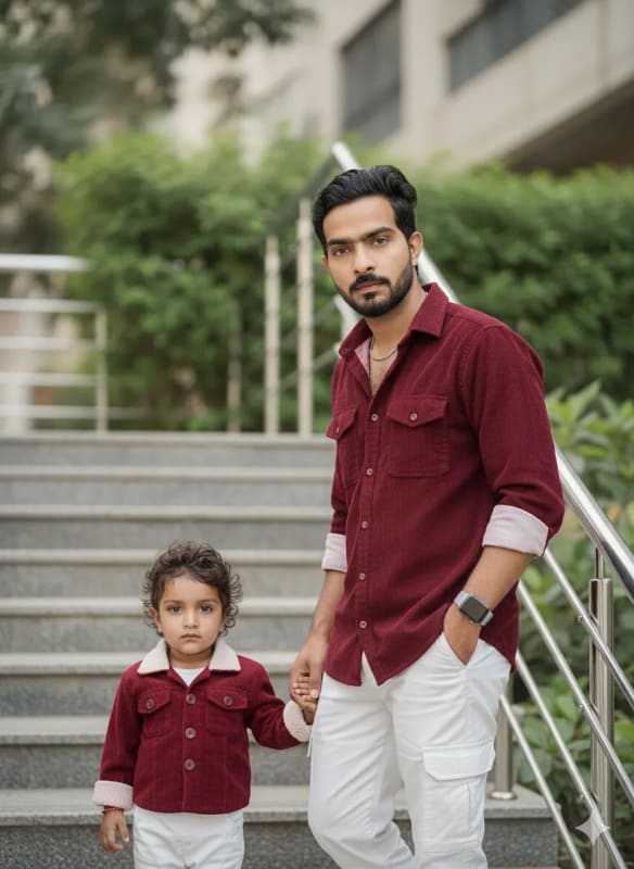Realistic Portrait of a Young Man and Daughter on Silver Staircase thumbnail 2