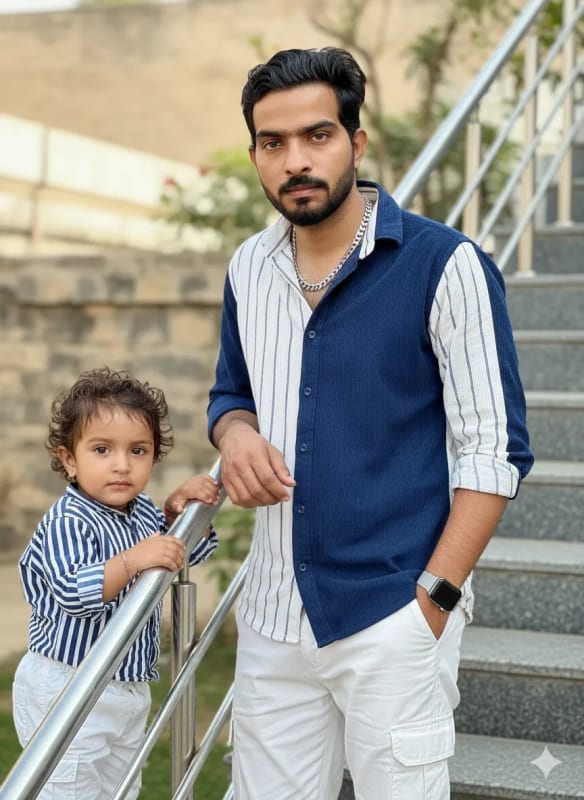 Realistic Portrait of a Young Man and Daughter on Silver Staircase thumbnail 4