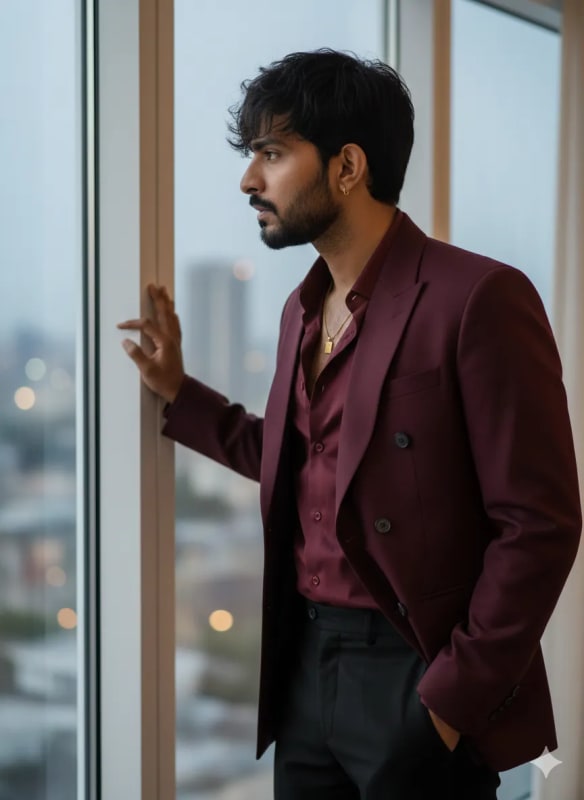 Stylish Pakistani Man Portrait in Maroon Suit - AI Generated thumbnail 2