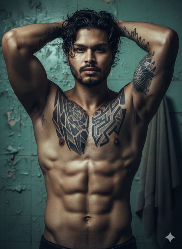 Studio Portrait of Athletic Man with Tattoos in Worn Bathroom - view 1