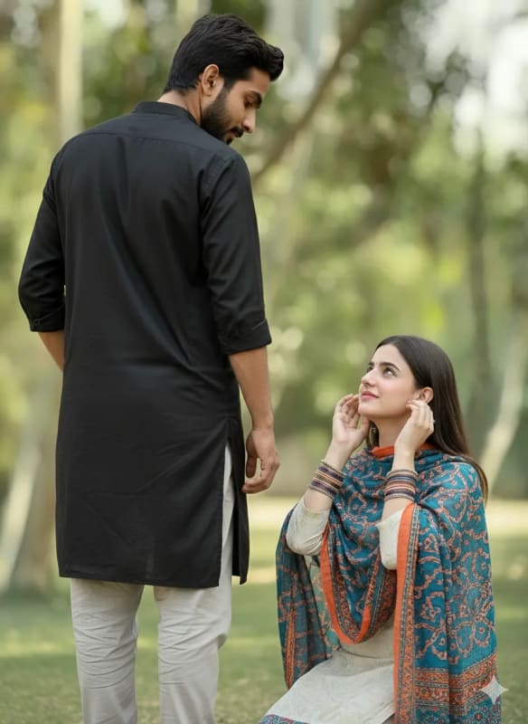 Intimate Outdoor Scene: Man and Woman in Traditional Attire - view 1