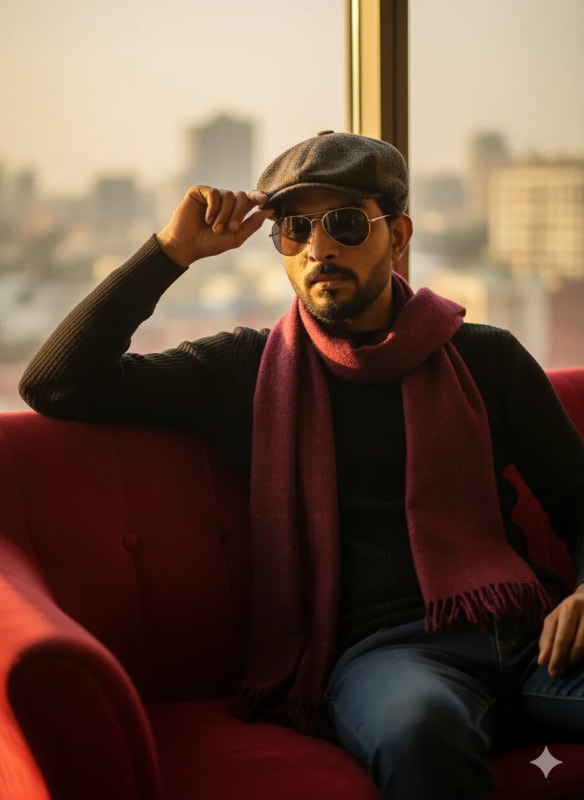 Stylish Man Portrait on Red Couch with City View thumbnail 3