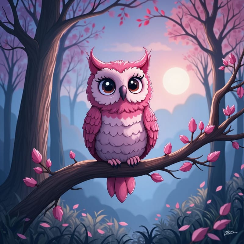 Enchanted Pink Owl in Twilight Forest thumbnail 3