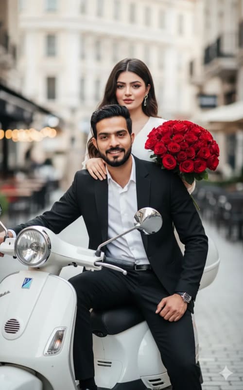 Romantic Couple with Scooter in City - Stylish Fashion Photography thumbnail 2