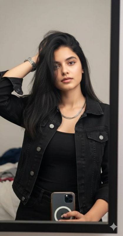 Casual Black Denim Jacket Mirror Selfie thumbnail 3