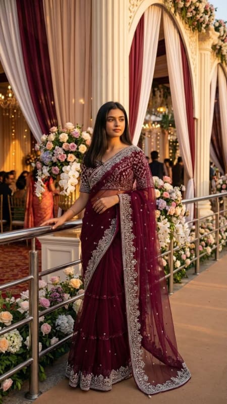Elegant Woman in Wine Saree at Opulent Venue thumbnail 2