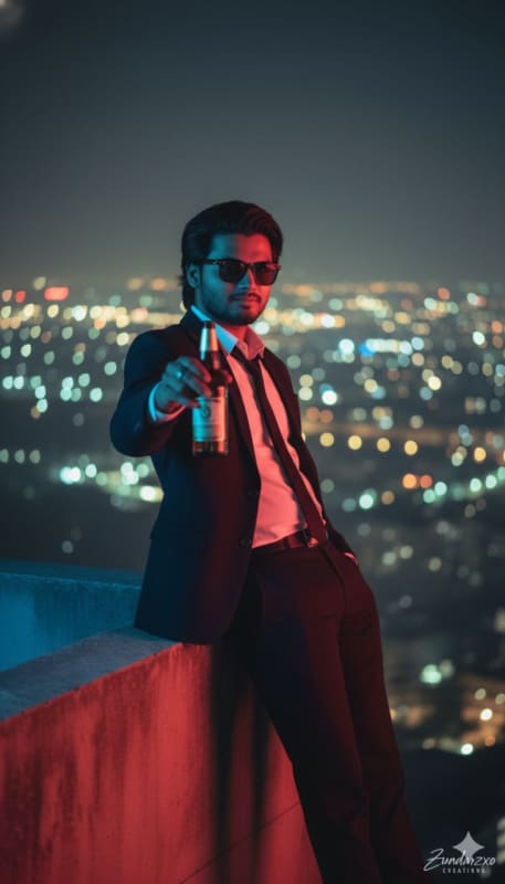 Cinematic Night Rooftop Portrait: Purple Suit thumbnail 3