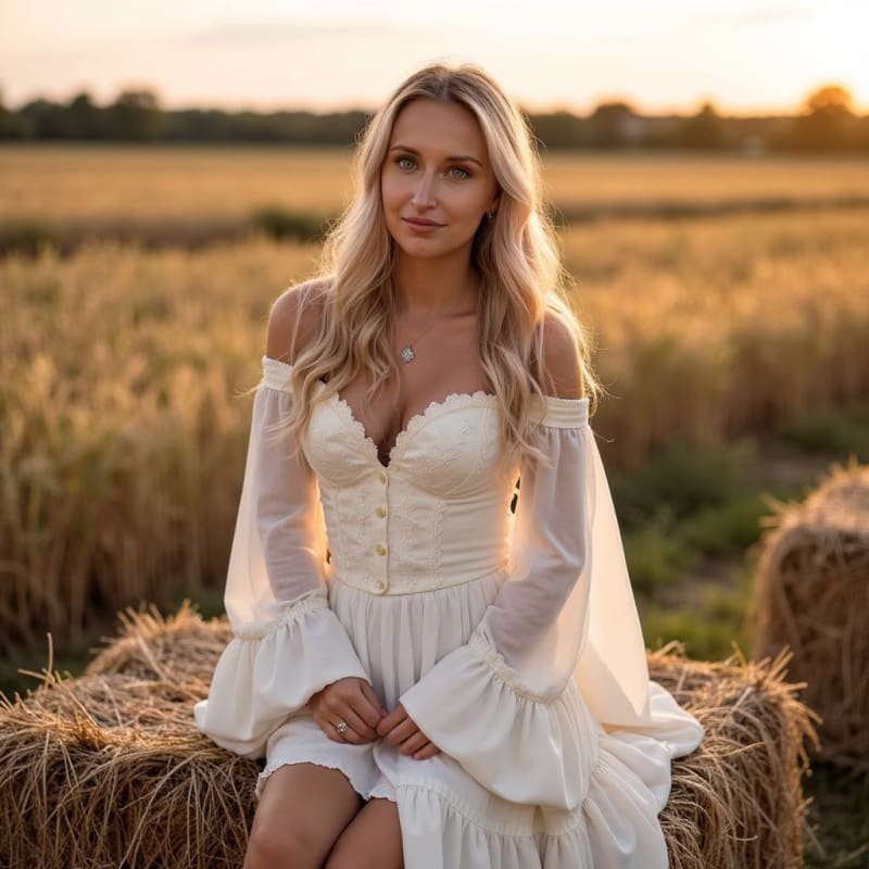 Golden Hour Serenity: Woman in Lace Dress in Wheat Field thumbnail 2