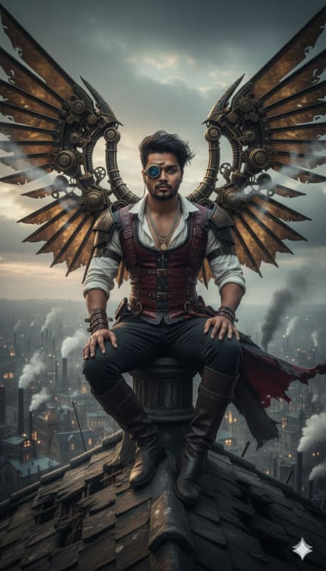Realistic Steampunk Warrior with Mechanical Wings - view 1