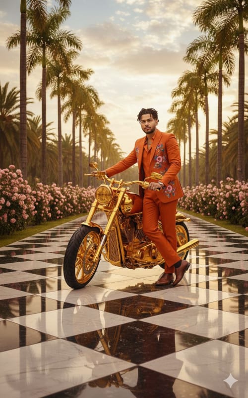 Luxury Gold Motorcycle Fashion Editorial Prompt - view 1