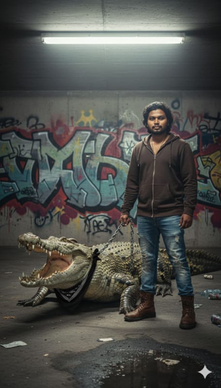 Man with Leashed Crocodile in Underground Parking - view 1