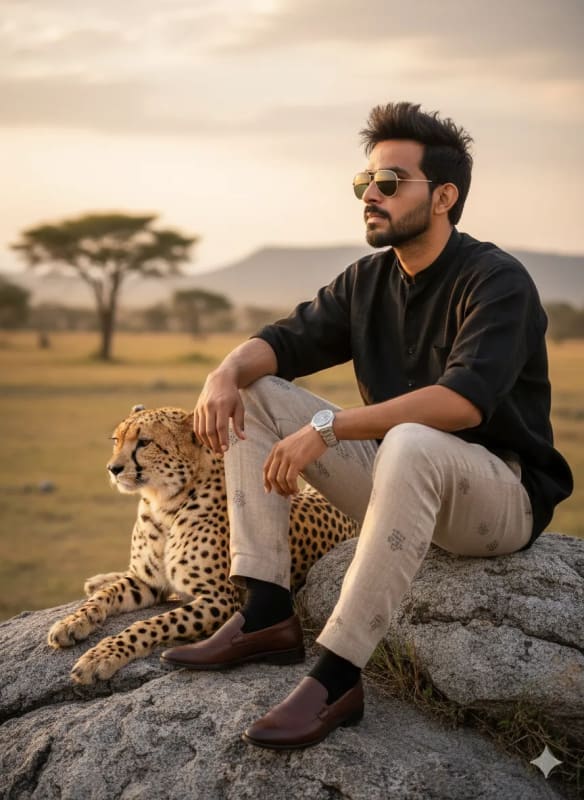 Man and Cheetah on Rock Ledge Portrait - Cinematic 8K - view 1