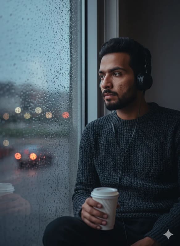 Melancholy Man at Rainy Window: A Thoughtful Evening Portrait - view 1