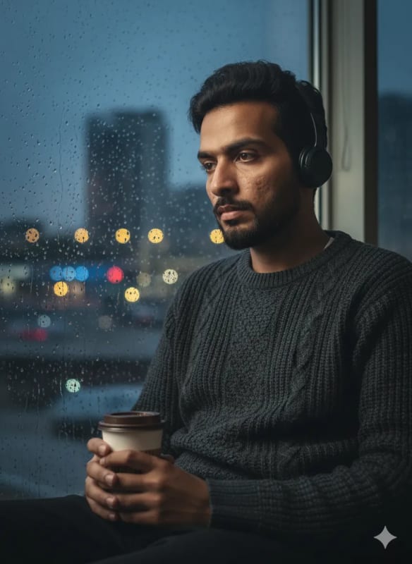 Melancholy Man at Rainy Window: A Thoughtful Evening Portrait thumbnail 2
