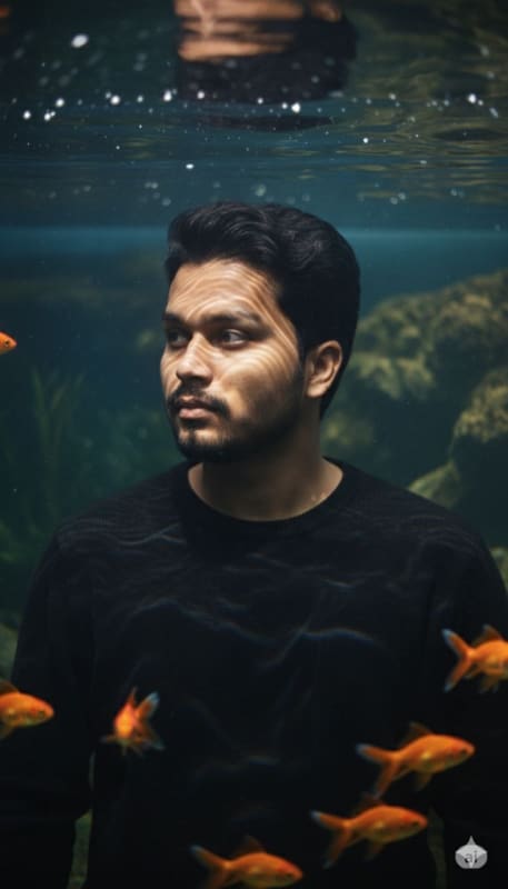 Cinematic Aquarium Portrait: Submerged Man & Goldfish thumbnail 3