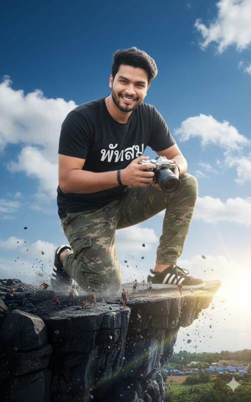 Giant Man Photographer on Cliff Edge - Hyperrealistic Image thumbnail 2