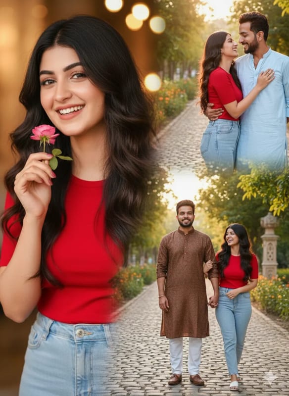 4K Collage Portrait of Young Indian Couple with Rose thumbnail 2