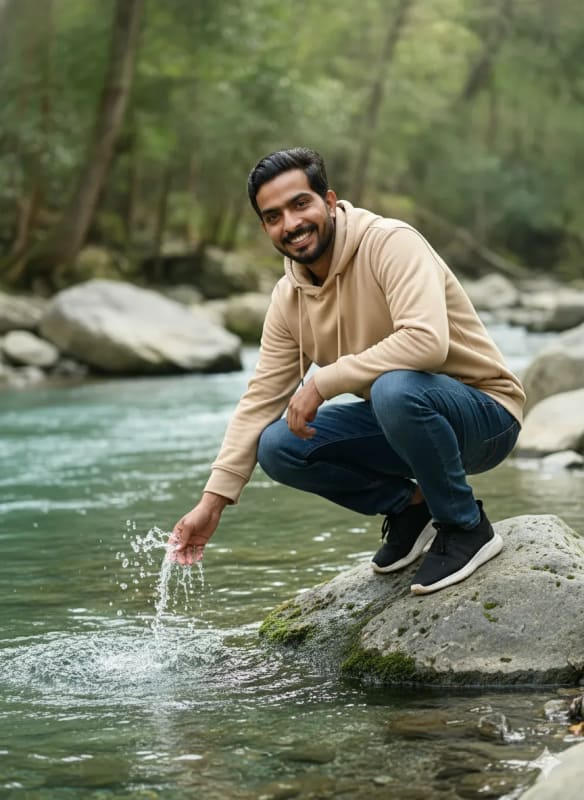 Peaceful River Scene: Young Man Splashing Water - view 1