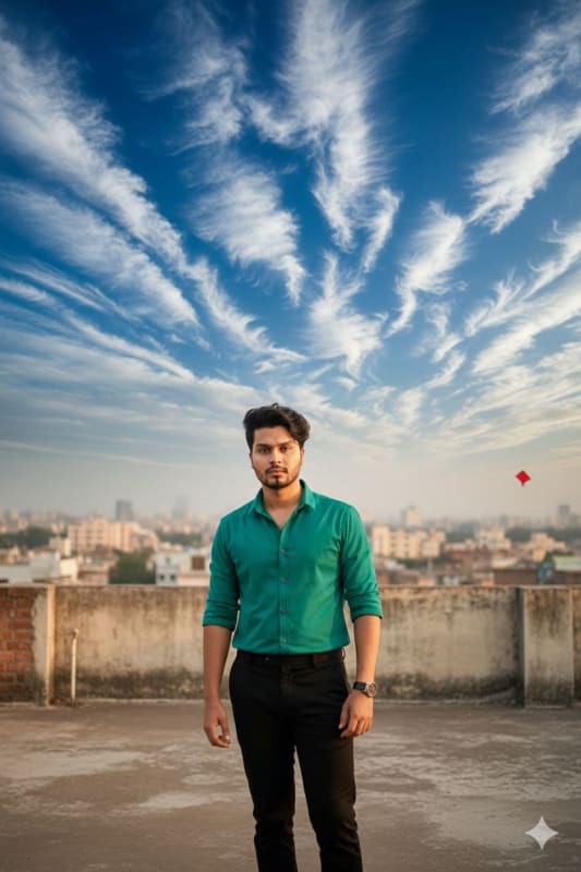 Rooftop Portrait with Surreal Sky: AI Prompt - view 1
