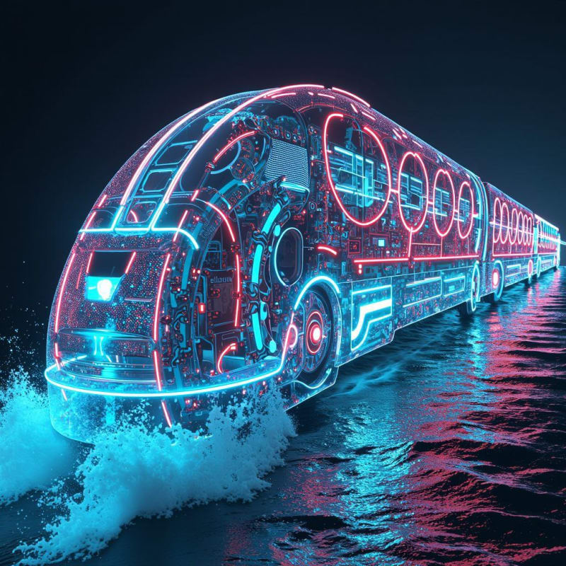 Futuristic Train Journey on Ocean Waves: X-Ray Fluorescent Art thumbnail 3
