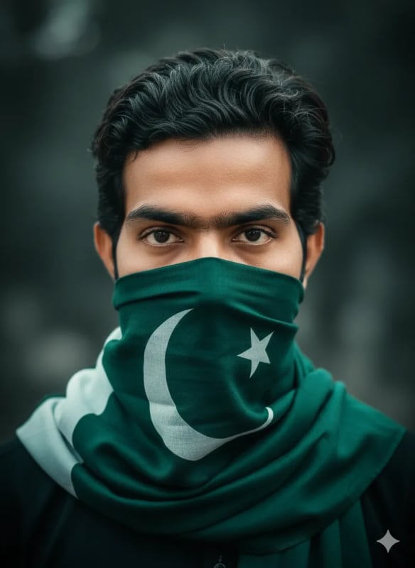 Intense Portrait with Pakistan Flag Scarf - view 1