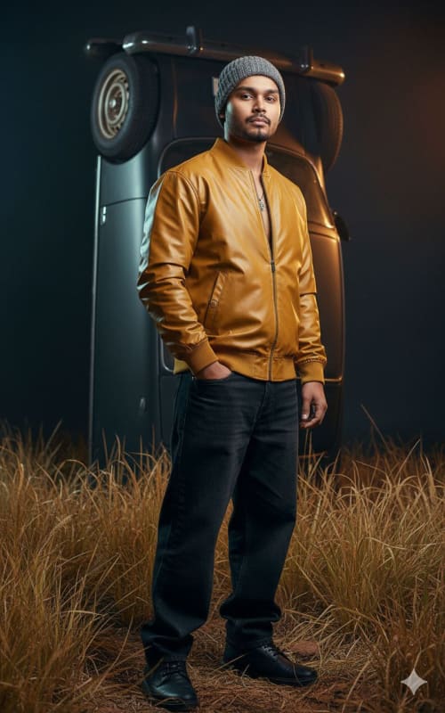 Photorealistic Young Man Portrait with Vintage Car - view 1