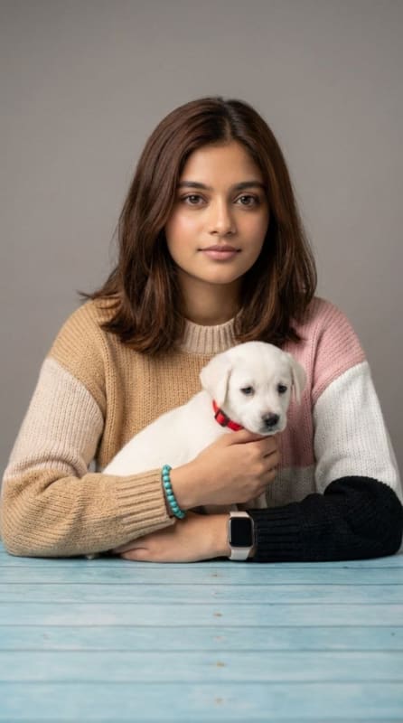 Cozy Portrait: Girl with White Puppy thumbnail 4