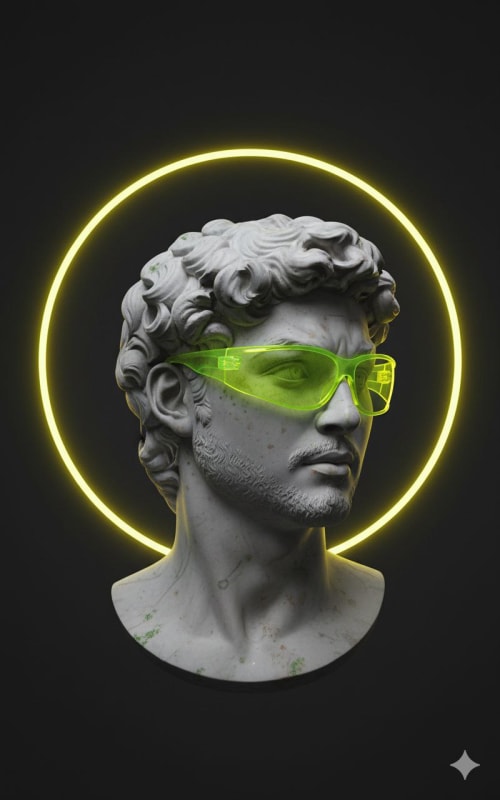 Hyperrealistic Marble Bust with Neon Halo and Sunglasses - view 1