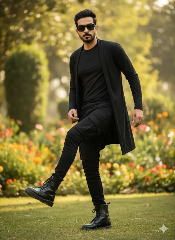 Stylish Young Man in Black Outfit Outdoor Fashion Photography - view 1
