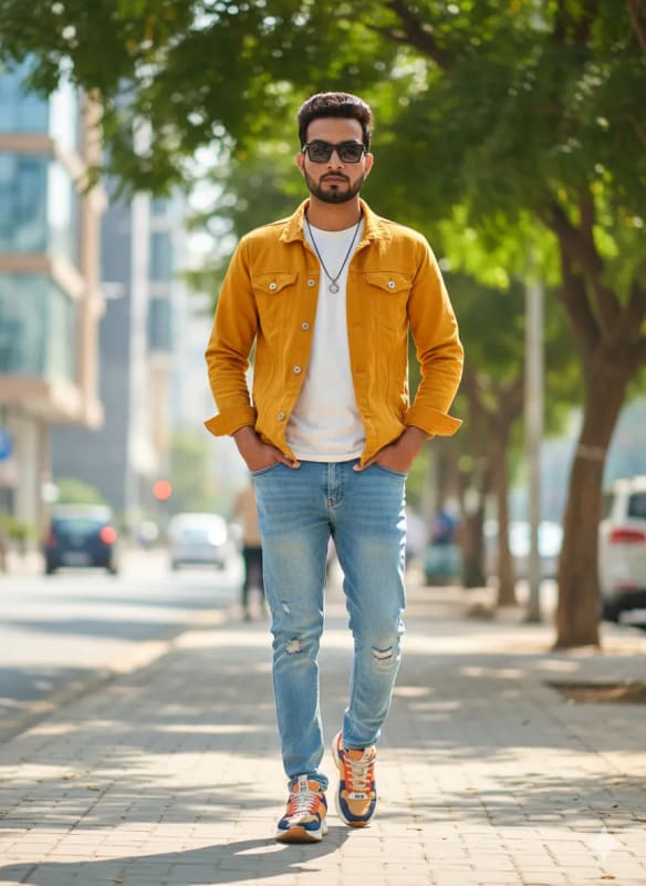Mustard Yellow Denim Jacket Street Style Photography - view 1