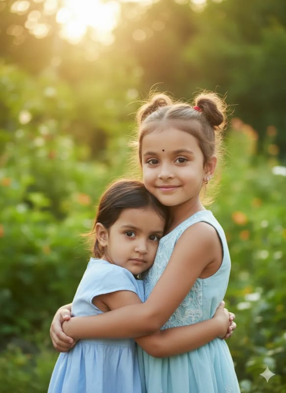 Sisterly Love: A Heartwarming Outdoor Portrait in a Lush Garden - view 1