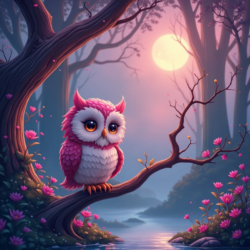 Enchanted Pink Owl in Twilight Forest thumbnail 2
