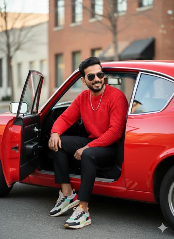 Stylish Man in Red Sweater Stepping Out of Car - Fashion Portrait - view 1