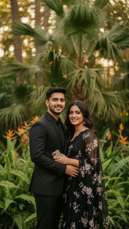 Elegant Couple in Black Formal Wear: Tropical Portrait thumbnail 2