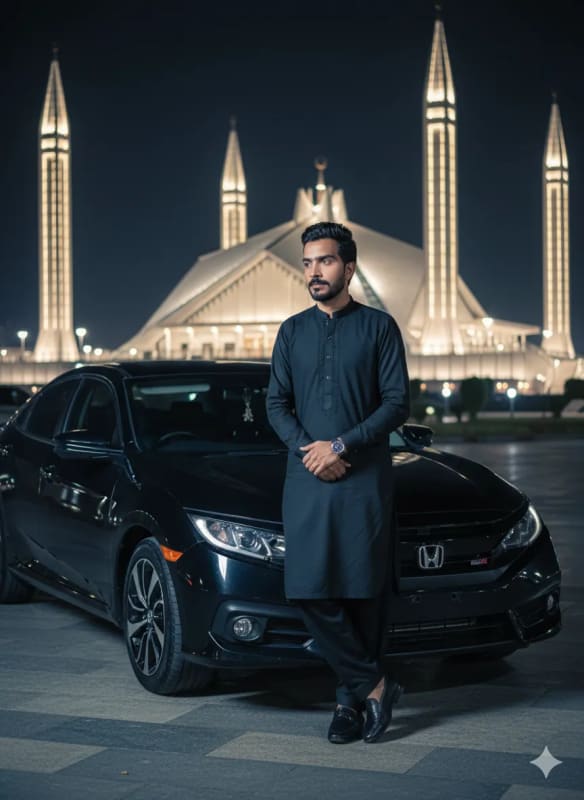 Stylish Man in Kameez Shalwar with Honda Civic at Faisal Mosque thumbnail 2