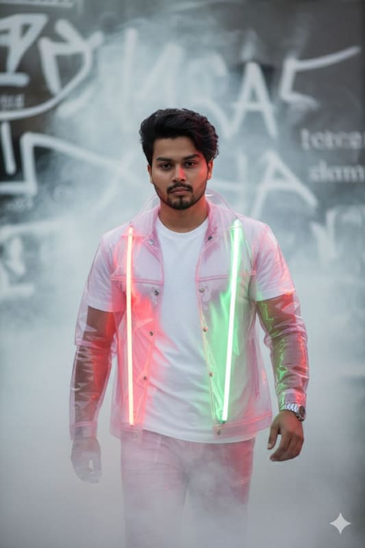 Futuristic Neon Streetwear Portrait with Translucent PVC Jacket - view 1