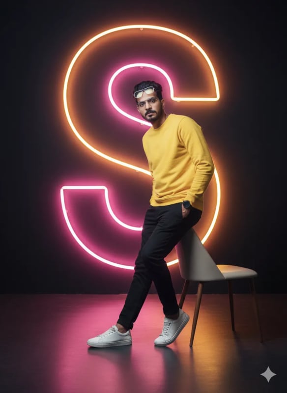 Confident Young Man in Yellow Sweatshirt with Neon 'S' Backdrop thumbnail 2
