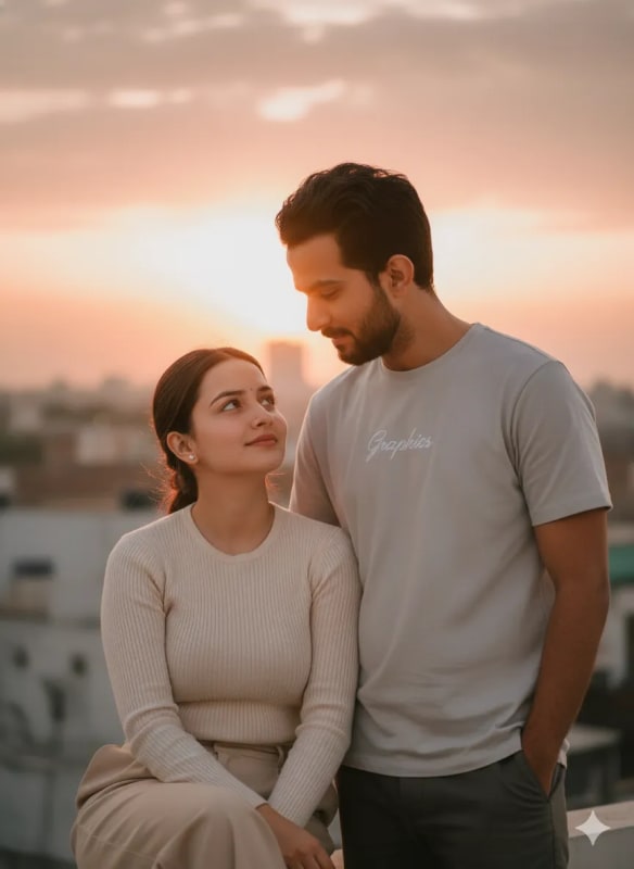 Romantic Sunset Rooftop Portrait: Young Couple in Love thumbnail 2