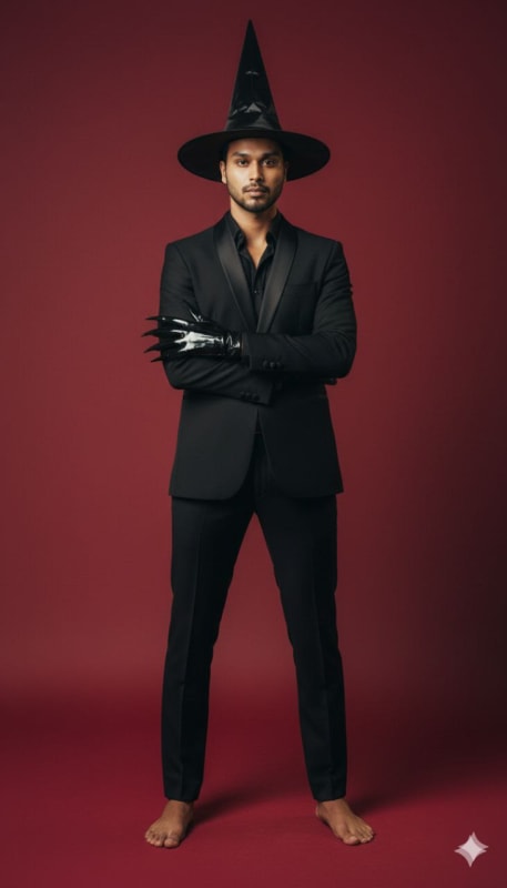 Eerie Elegance: Black Tuxedo and Witch Hat Editorial Portrait thumbnail 2