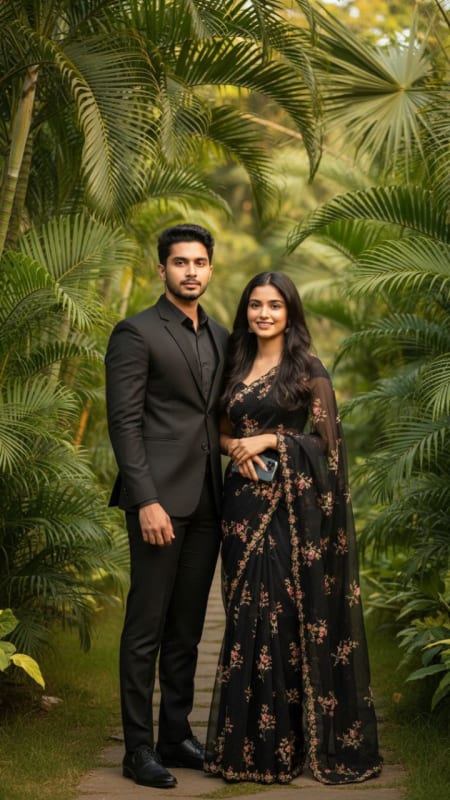 Elegant Couple in Black Formal Wear: Tropical Portrait thumbnail 3