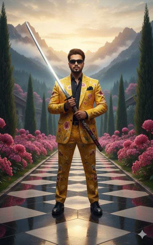 Stylish Man with Nodachi Sword in Floral Setting - AI Prompt - view 1
