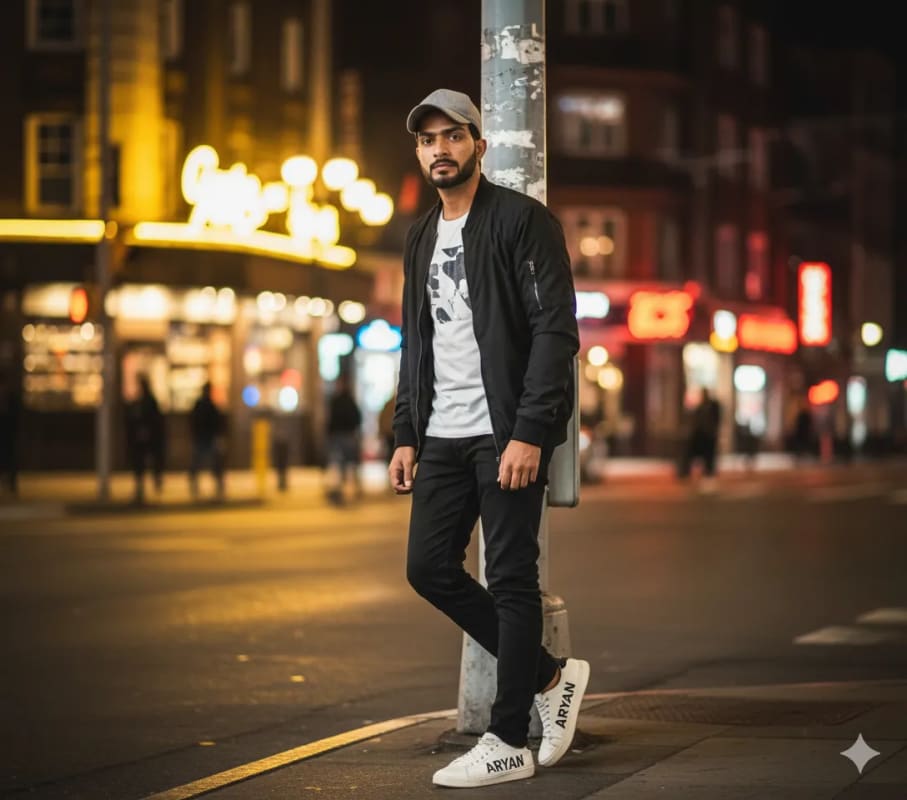 Urban Night Portrait: Stylish Man in City Lights thumbnail 2