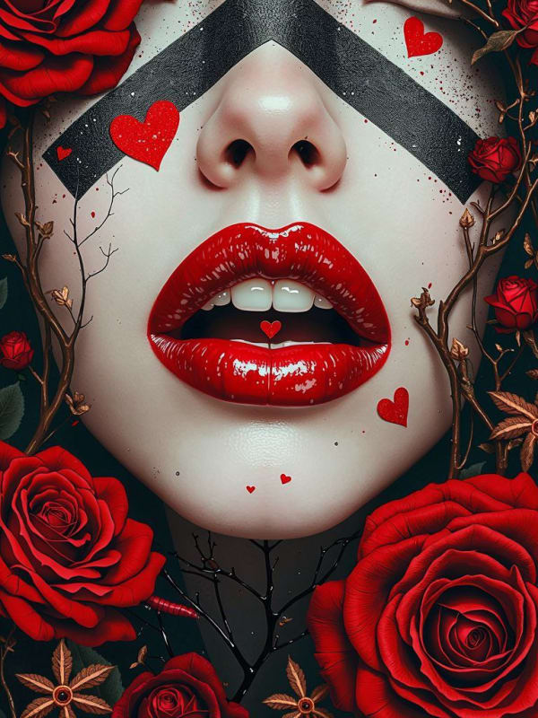 Gothic Surreal Portrait: Red Lips & Roses thumbnail 4