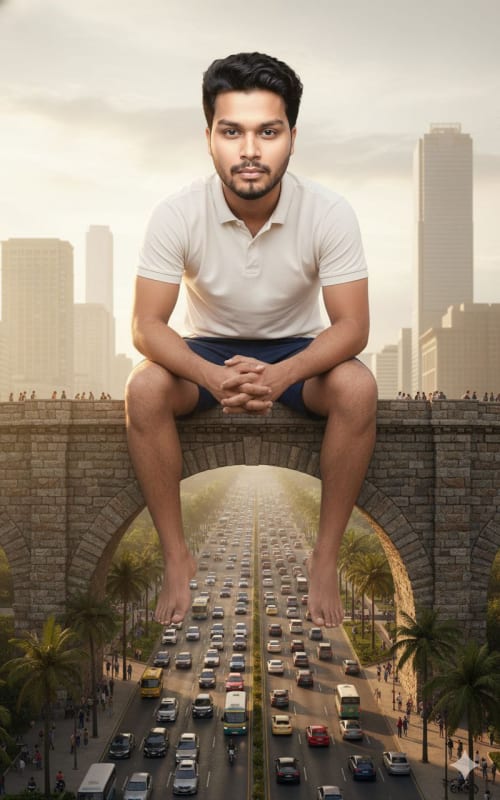 Photorealistic Giant on City Bridge: AI Prompt thumbnail 3