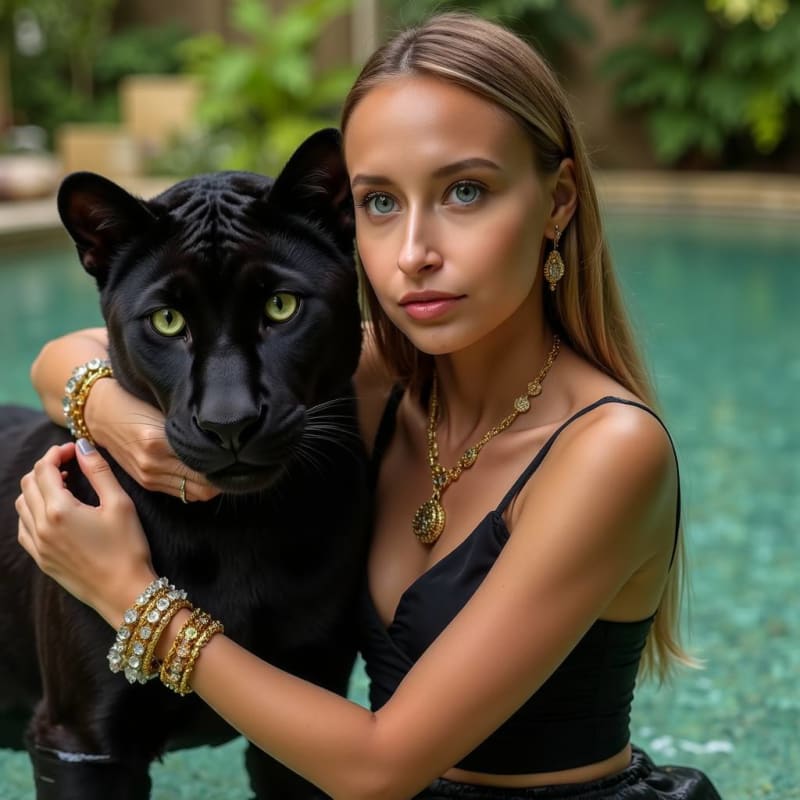 Elegant Woman with Panther in Lush Pool Portrait - view 1