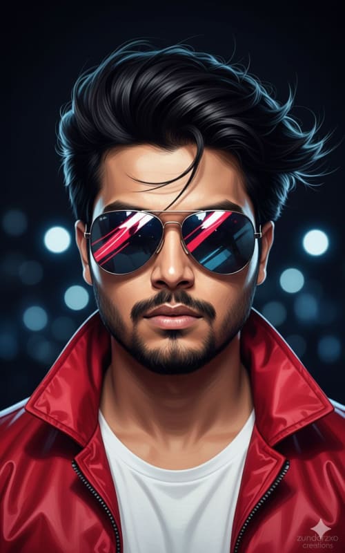 Futuristic Man Portrait with Red Jacket and Aviator Sunglasses - view 1