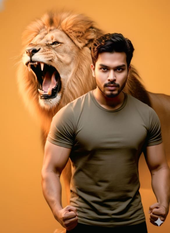 Muscular Man with Lion: Golden-Yellow Portrait - view 1