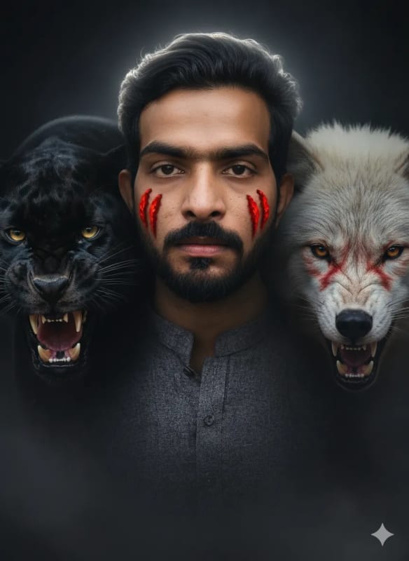 Striking Portrait with Scarred Face, Panther, and Wolf - view 1