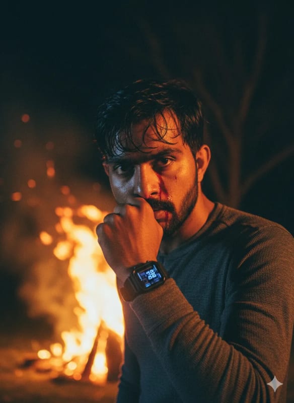 Intense Night Portrait: Man with Nosebleed by Bonfire - view 1