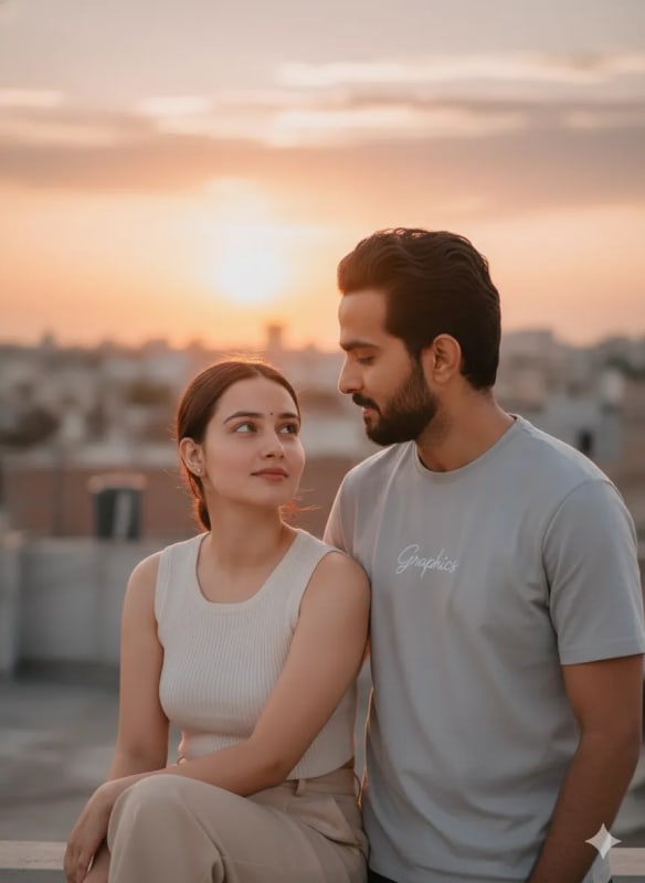 Romantic Sunset Rooftop Portrait: Young Couple in Love - view 1